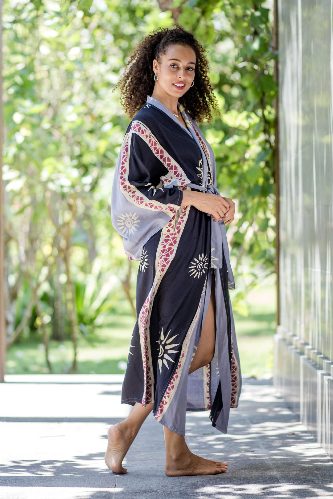 Belted Batik Rayon Robe from Bali - Chakra Burst