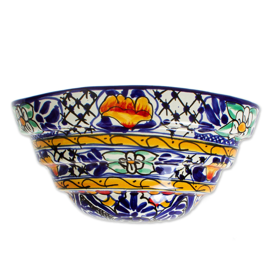 Mexican Half Round Talavera Style Ceramic Wall Planter - Cobalt Flowers
