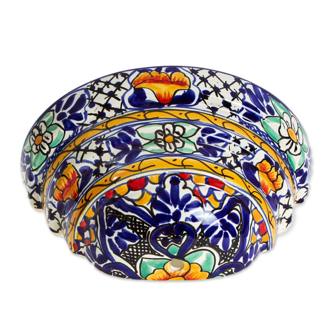 Mexican Half Round Talavera Style Ceramic Wall Planter - Cobalt Flowers