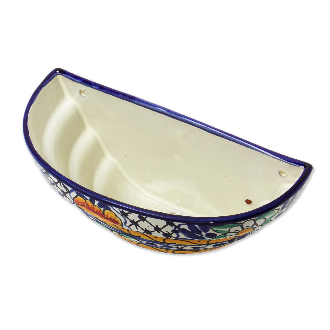 Mexican Half Round Talavera Style Ceramic Wall Planter - Cobalt Flowers