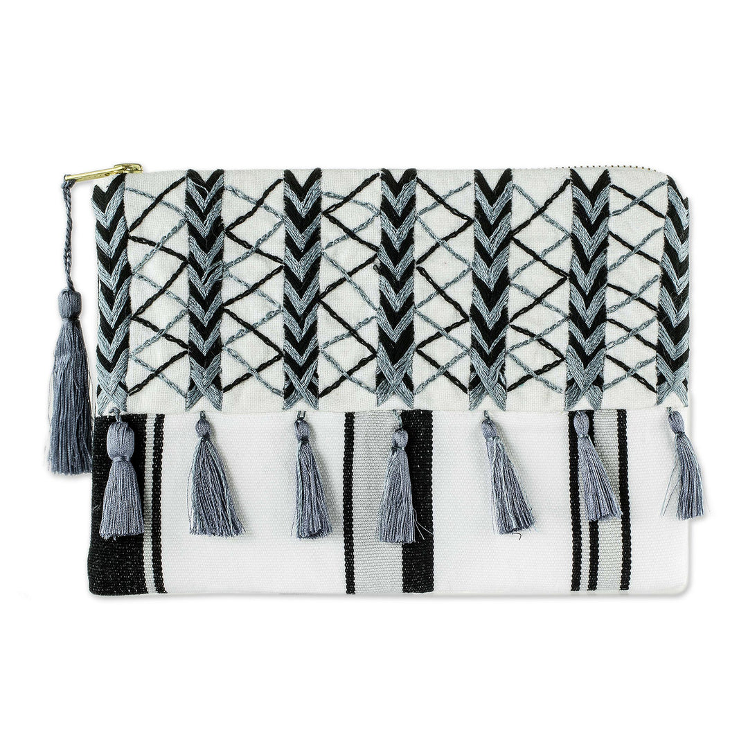 Black & Grey Embroidered White Cotton Cosmetic Bag - Monochrome Zigzags
