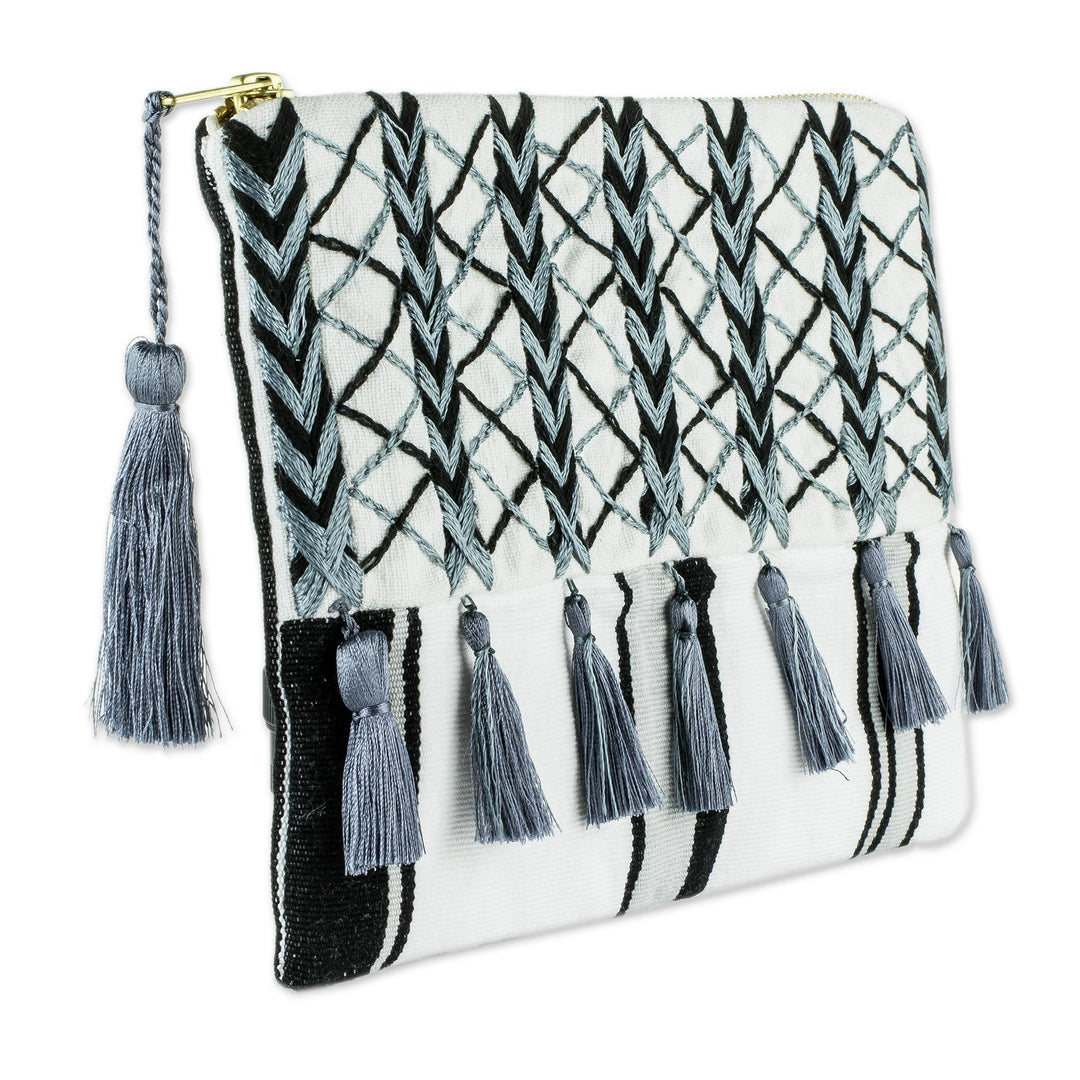 Black & Grey Embroidered White Cotton Cosmetic Bag - Monochrome Zigzags