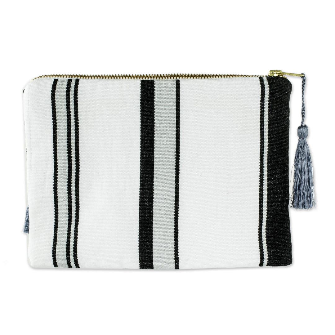 Black & Grey Embroidered White Cotton Cosmetic Bag - Monochrome Zigzags