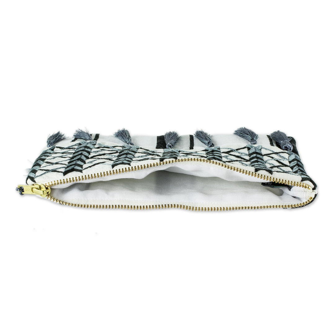 Black & Grey Embroidered White Cotton Cosmetic Bag - Monochrome Zigzags
