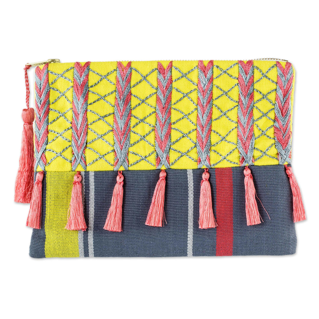 Pink and Yellow Embroidered Grey Cotton Cosmetic Bag - Pink Zigzags