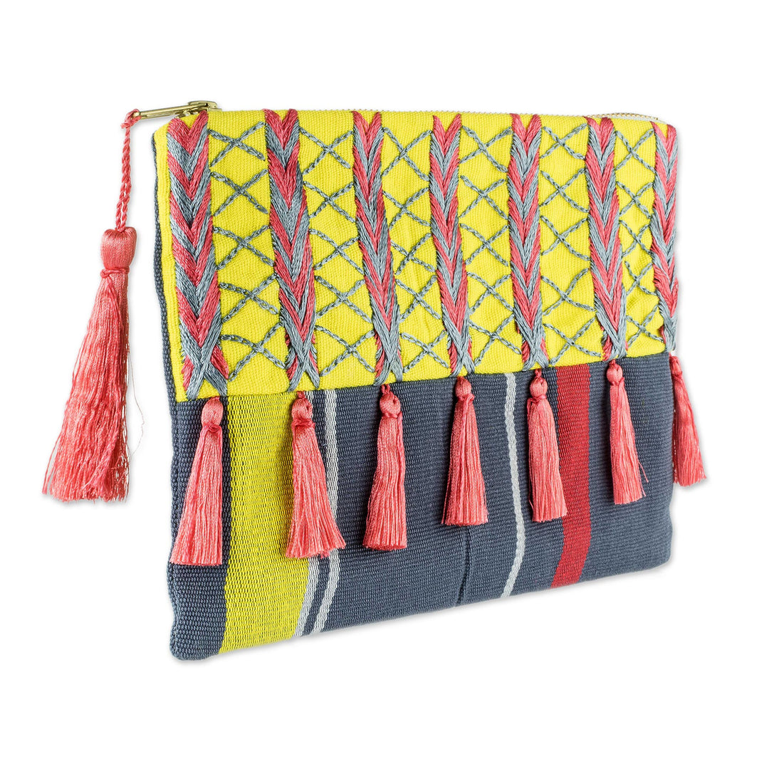 Pink and Yellow Embroidered Grey Cotton Cosmetic Bag - Pink Zigzags