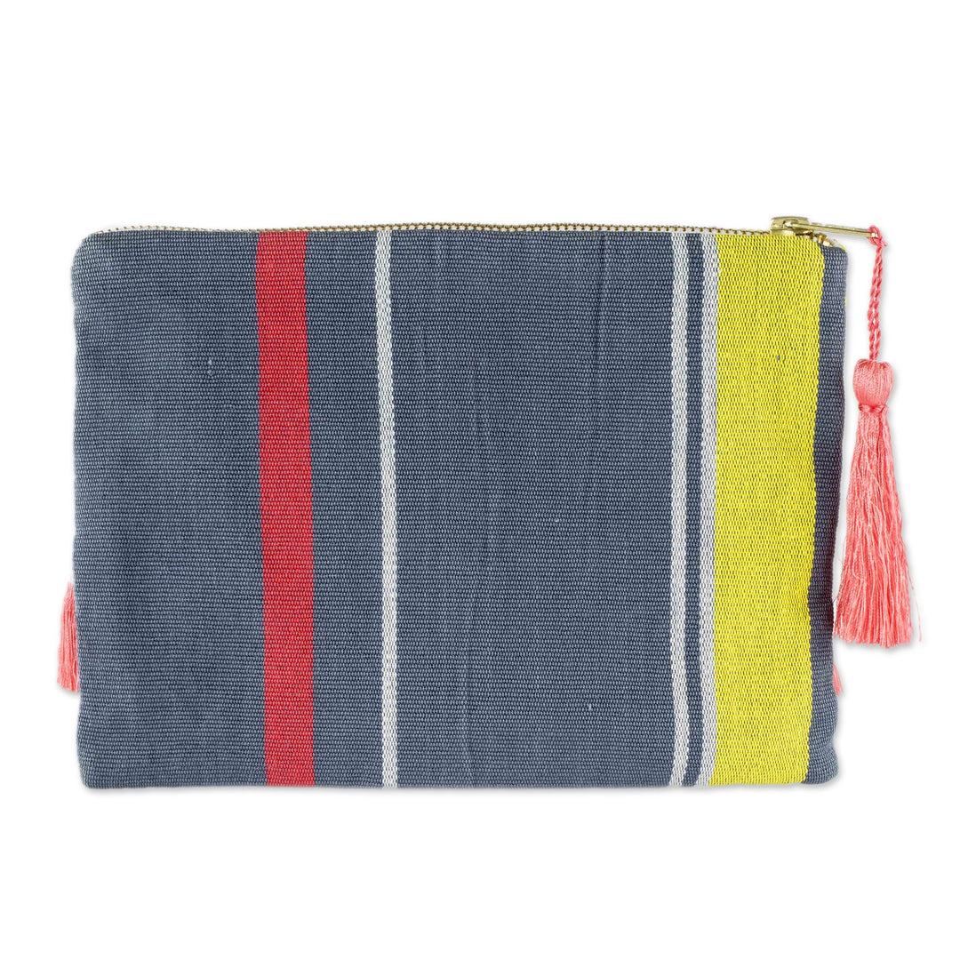 Pink and Yellow Embroidered Grey Cotton Cosmetic Bag - Pink Zigzags