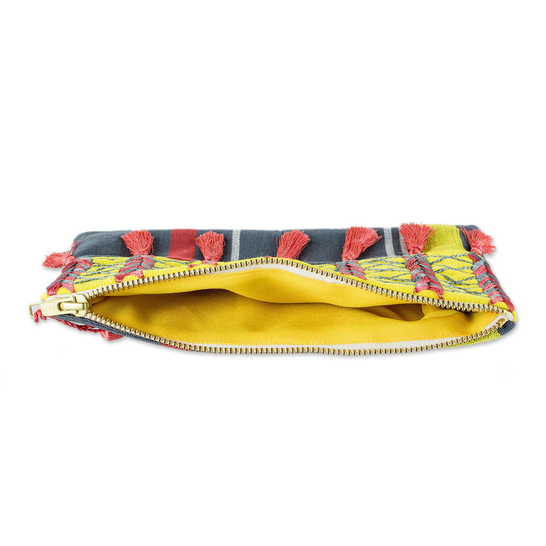 Pink and Yellow Embroidered Grey Cotton Cosmetic Bag - Pink Zigzags