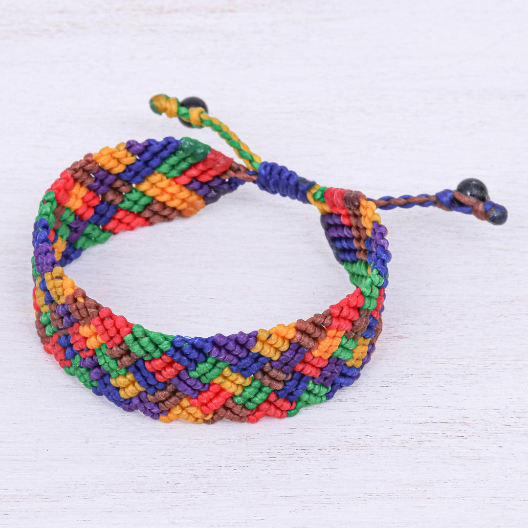 Rainbow Macrame Wristband Bracelet with Onyx Beads - Spring Fling in Rainbow