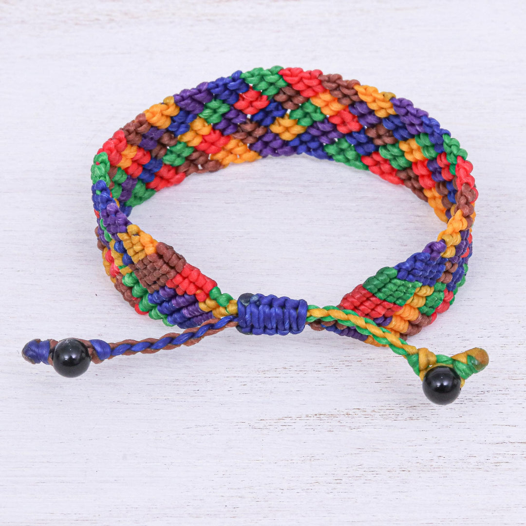 Rainbow Macrame Wristband Bracelet with Onyx Beads - Spring Fling in Rainbow