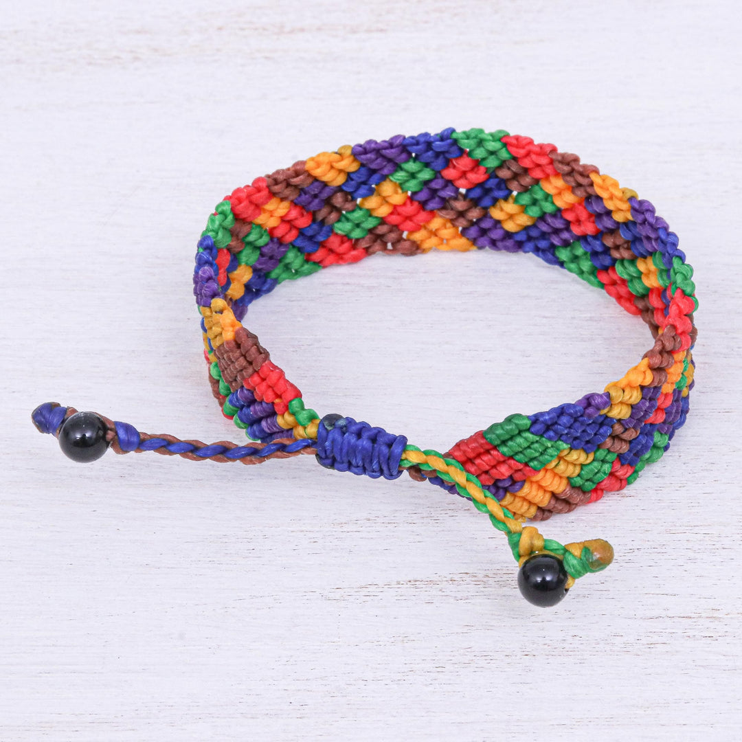 Rainbow Macrame Wristband Bracelet with Onyx Beads - Spring Fling in Rainbow