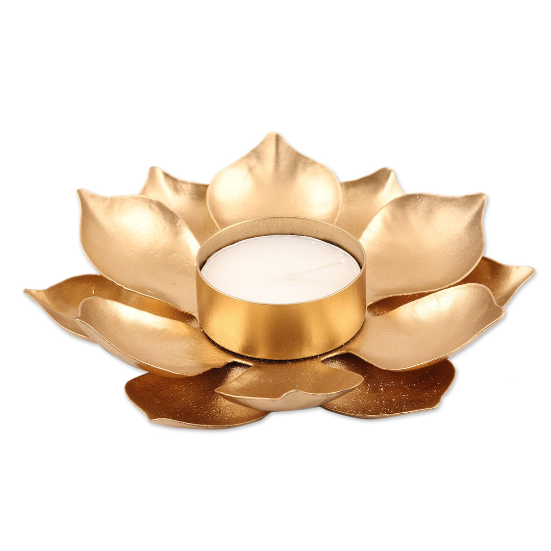 Gold Finish Steel Lotus Blossom Tealight Candleholder - Golden Lotus Glow