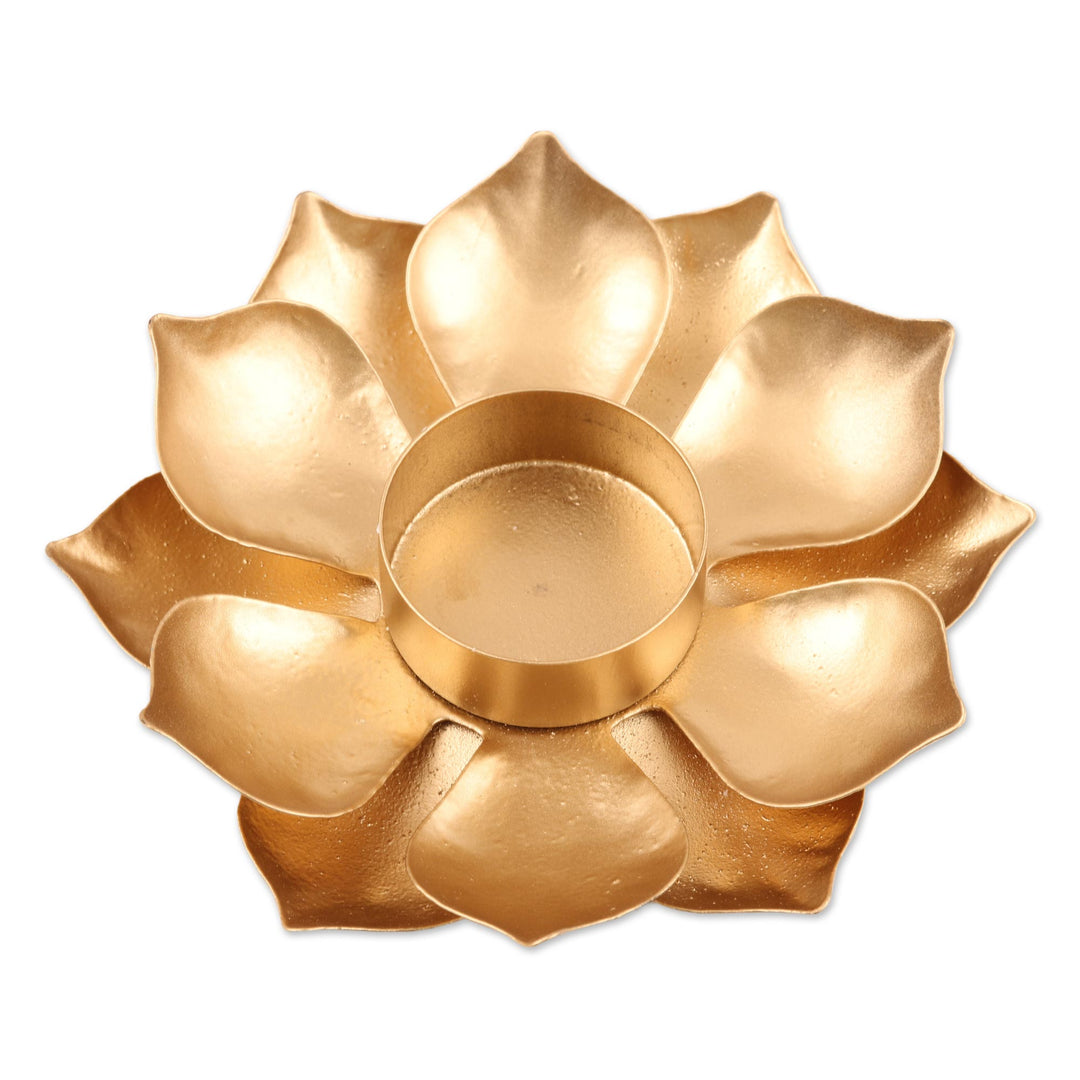 Gold Finish Steel Lotus Blossom Tealight Candleholder - Golden Lotus Glow