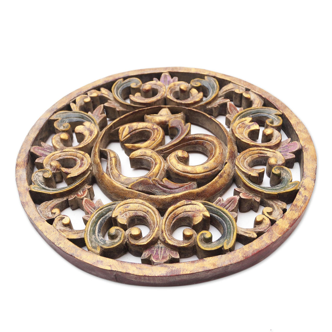 Hand Painted Suar Wood Relief Panel from Bali - Rounded Ong-Kara