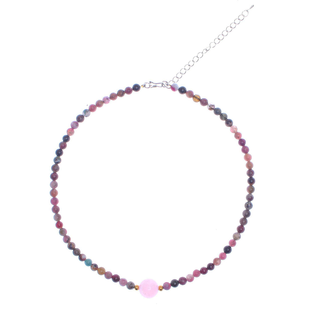 Hand Made Tourmaline and Rose Quartz Beaded Necklace - Precious Orb in Rose