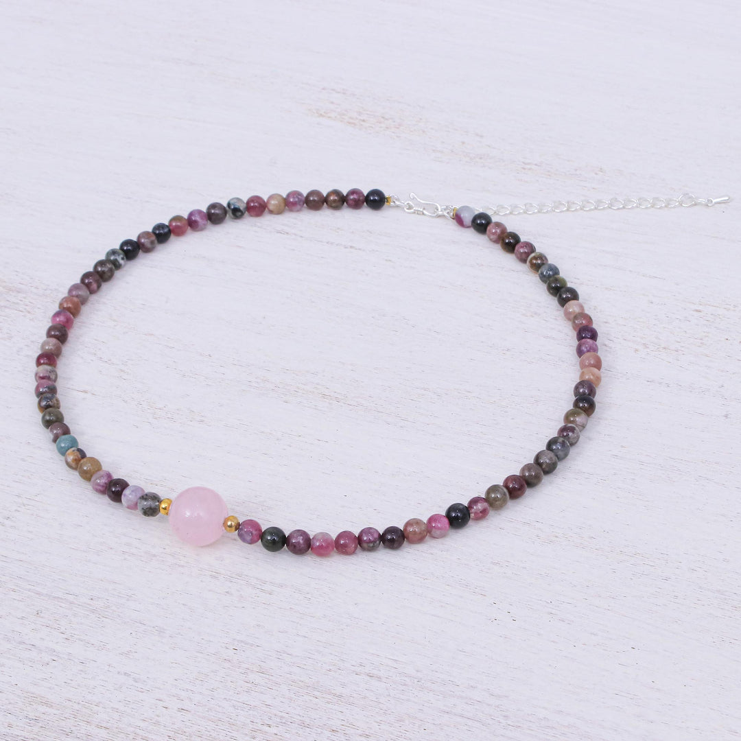 Hand Made Tourmaline and Rose Quartz Beaded Necklace - Precious Orb in Rose