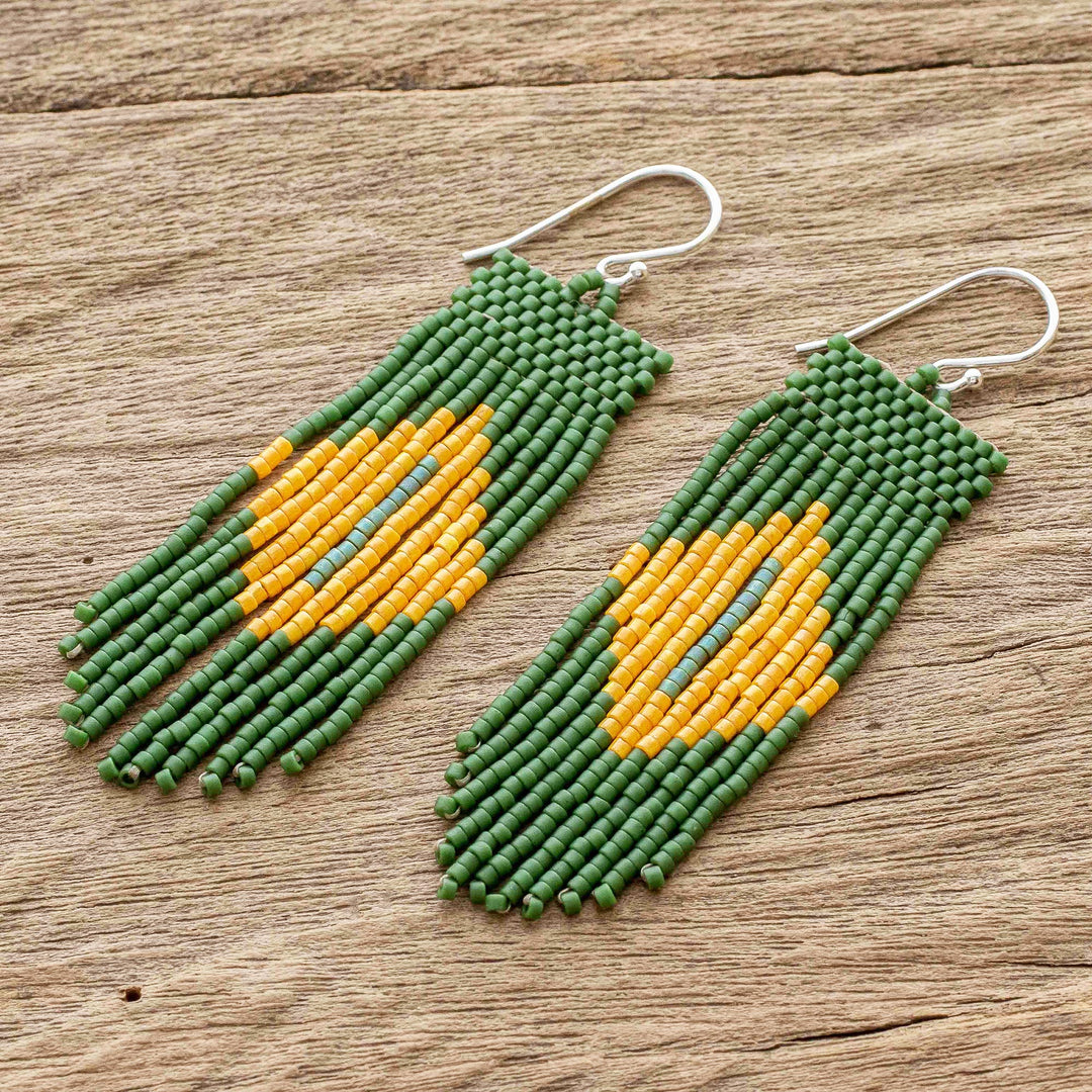 Green and Yellow Beaded Waterfall Earrings - Chameleon Charm