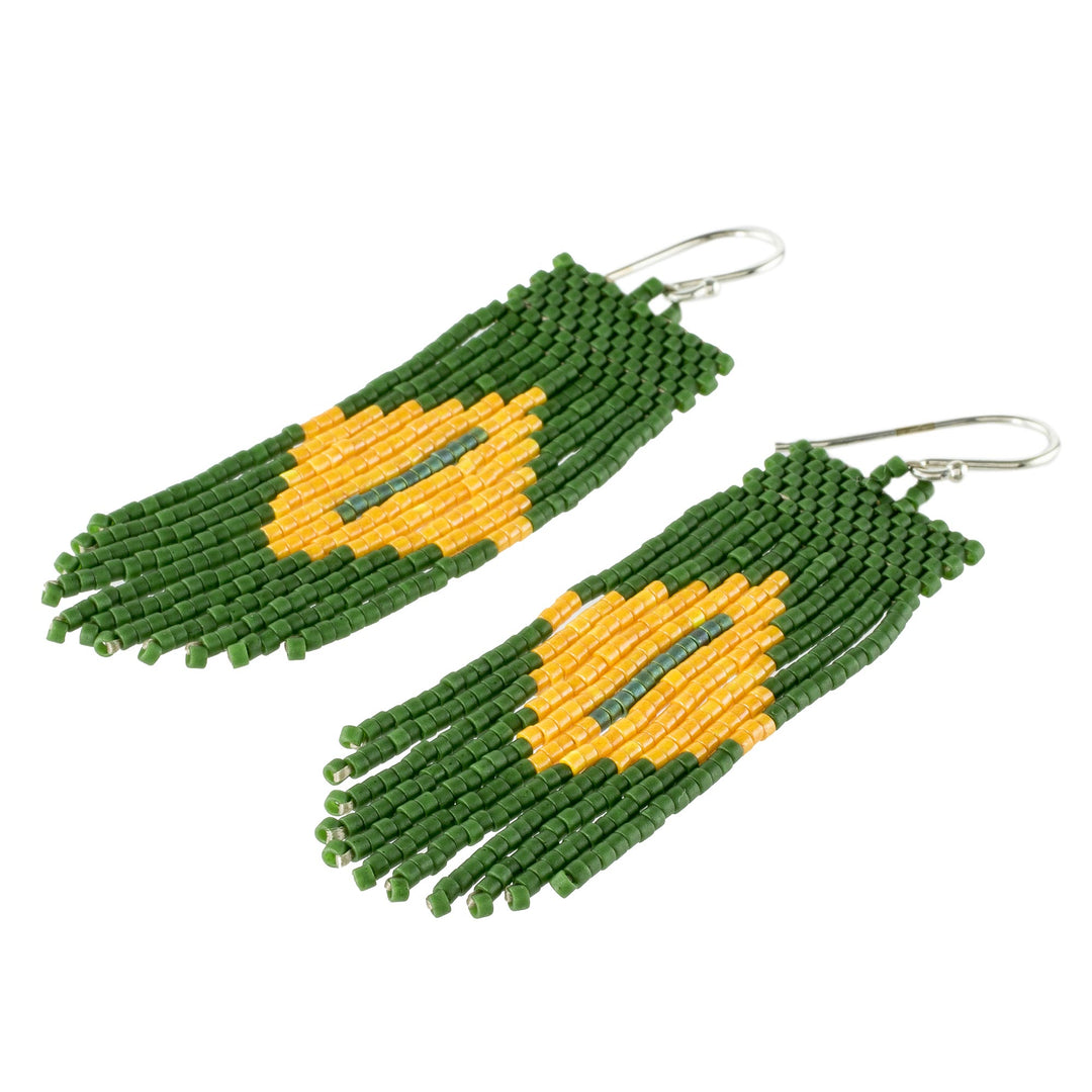 Green and Yellow Beaded Waterfall Earrings - Chameleon Charm