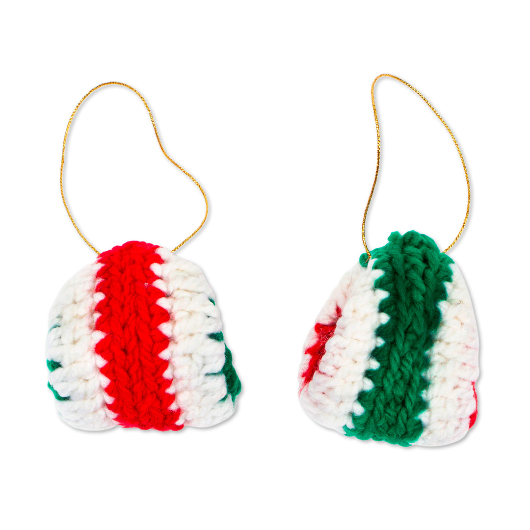 Knit Christmas-Themed 2-Piece Ornament Set in Red and Green - Festive Circles