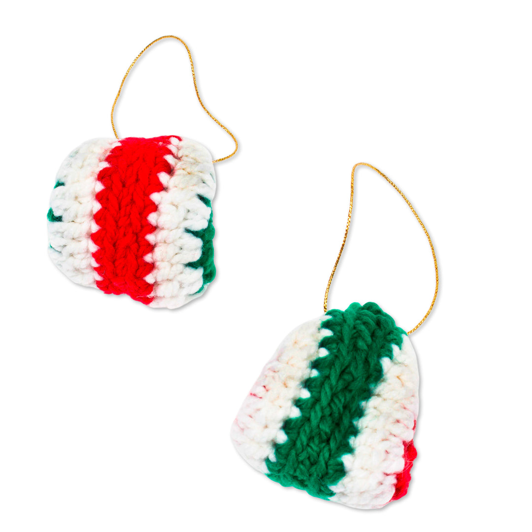 Knit Christmas-Themed 2-Piece Ornament Set in Red and Green - Festive Circles