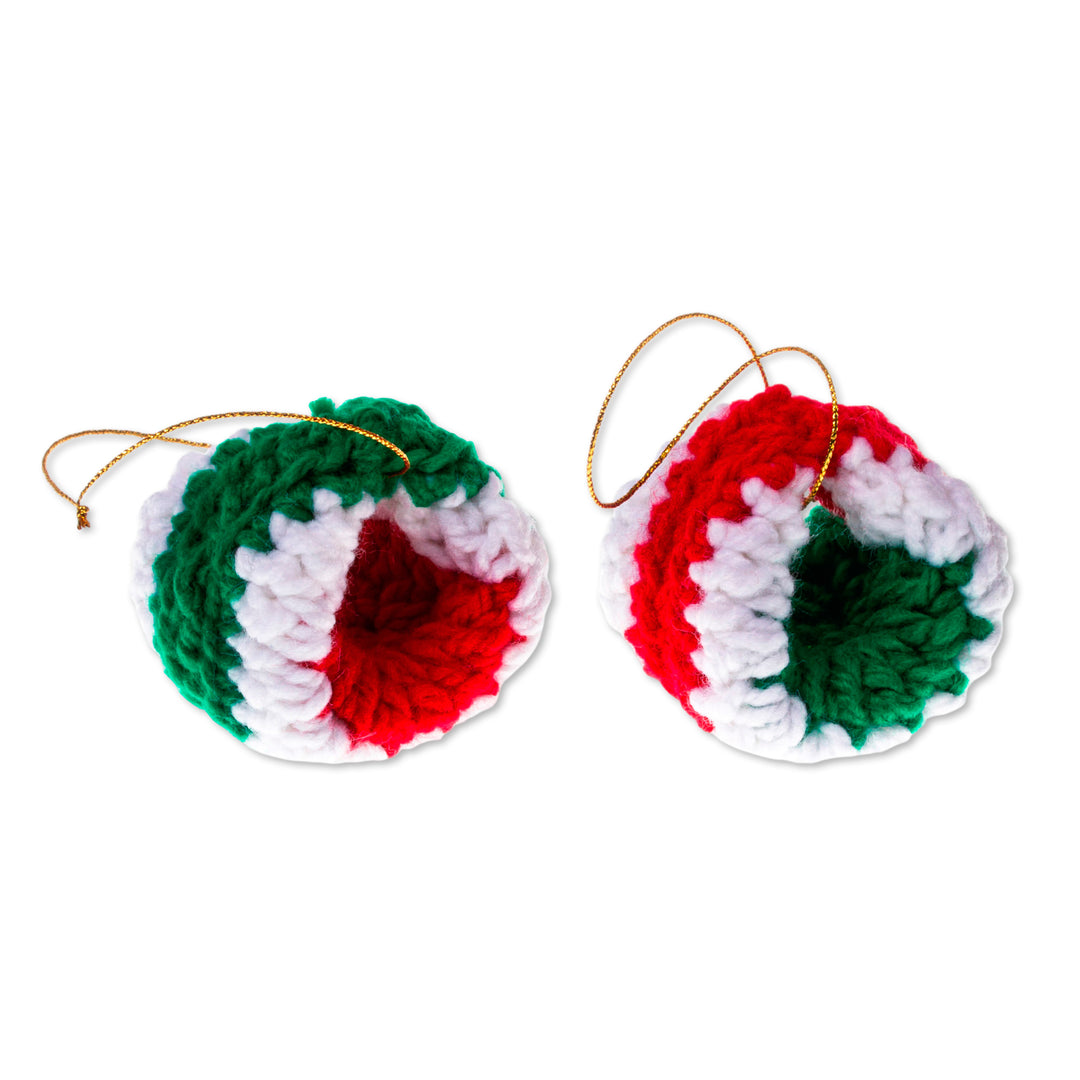 Knit Christmas-Themed 2-Piece Ornament Set in Red and Green - Festive Circles