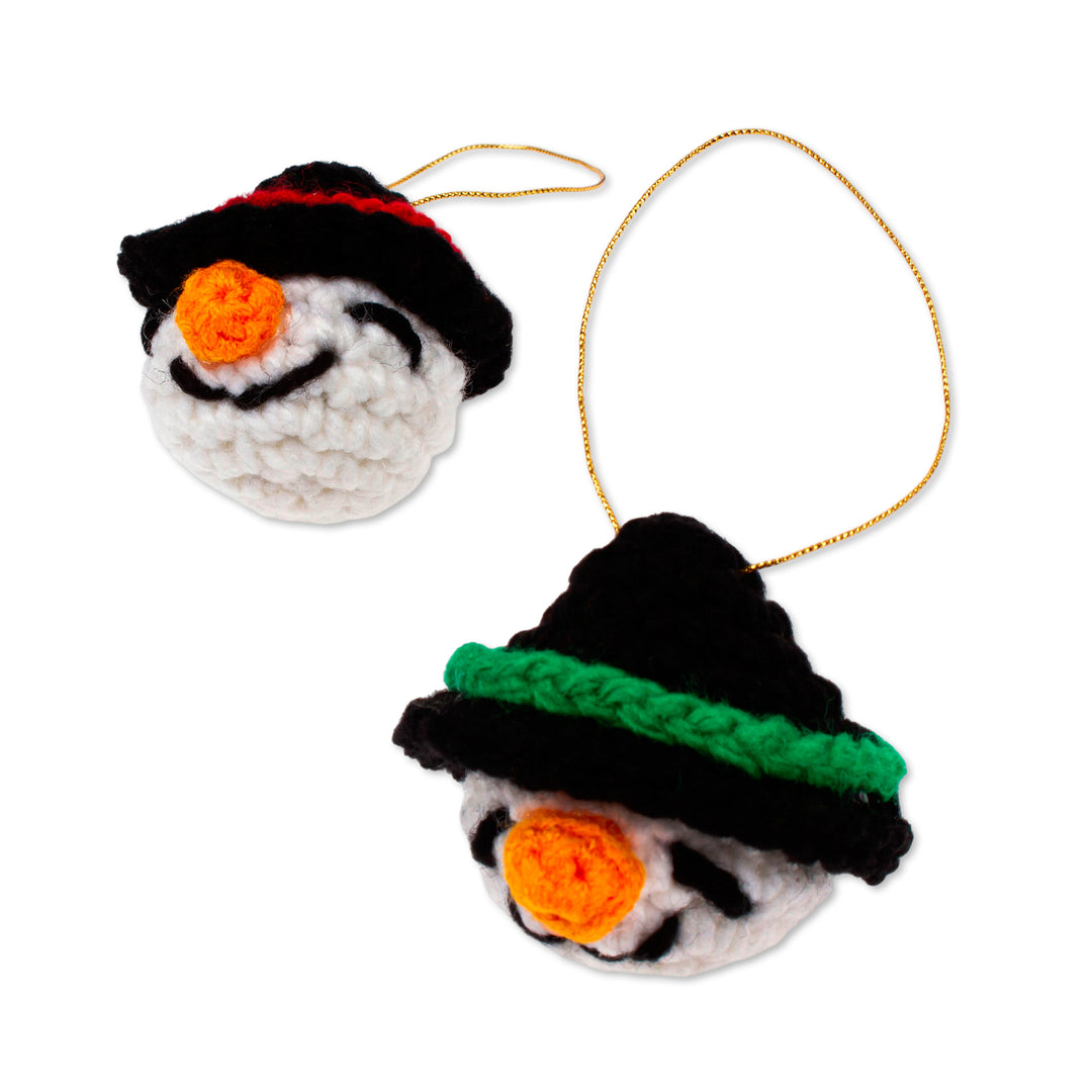 Handmade Crocheted Snowman Head Ornaments (Pair) - Snowman Smiles