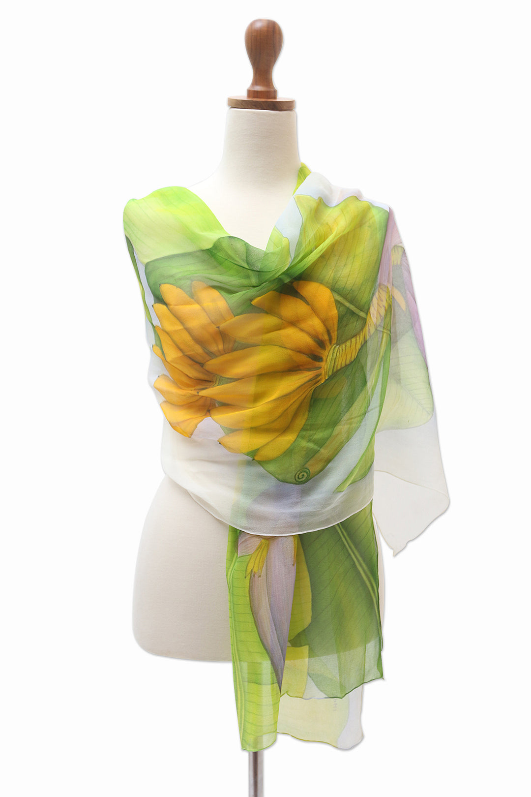 Hand-Painted Silk Chiffon Banana-Themed Shawl - Banana Bunch
