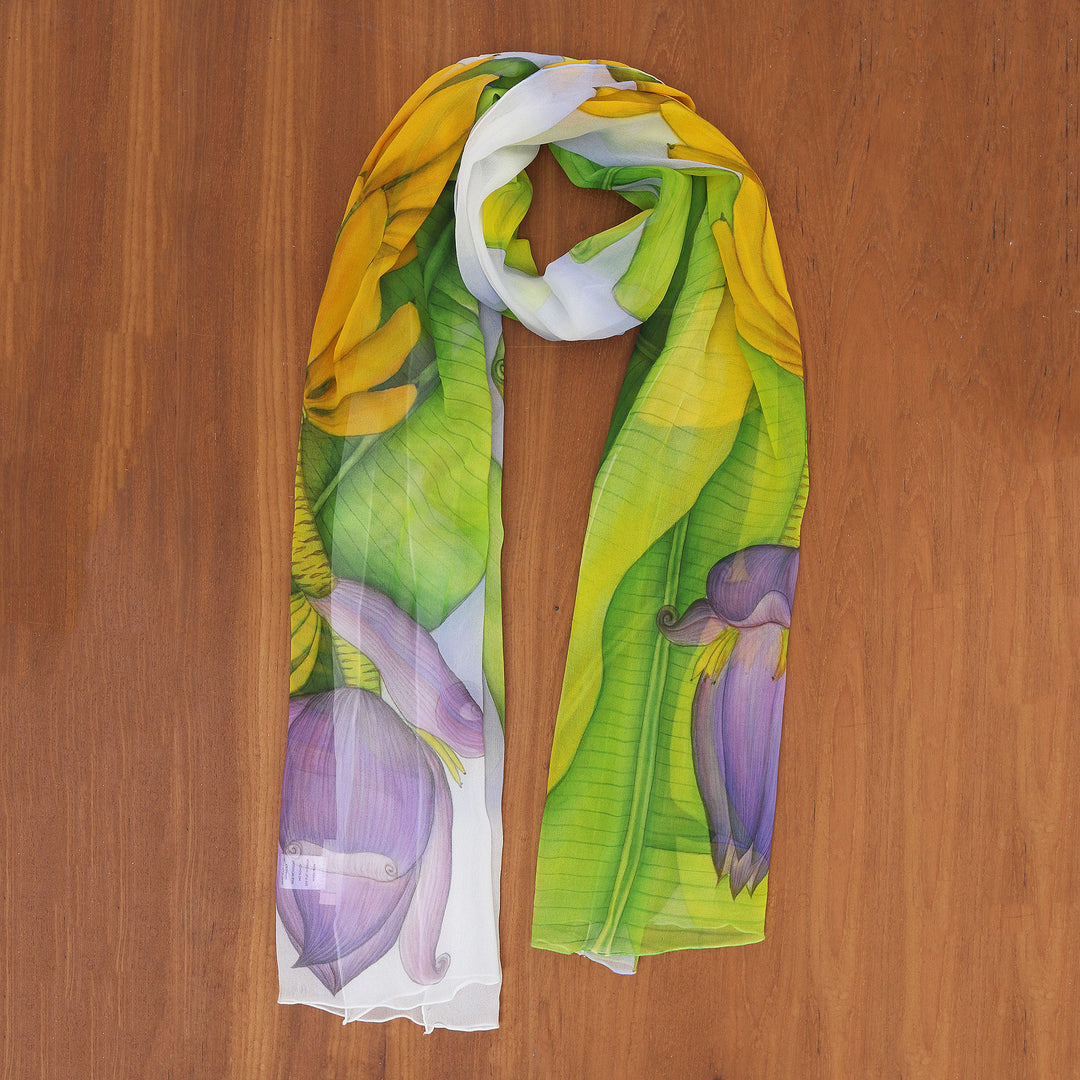 Hand-Painted Silk Chiffon Banana-Themed Shawl - Banana Bunch
