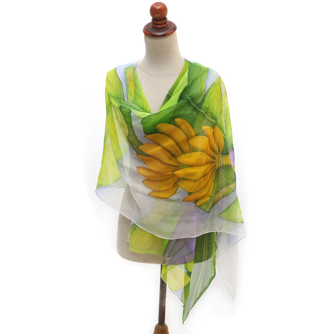 Hand-Painted Silk Chiffon Banana-Themed Shawl - Banana Bunch