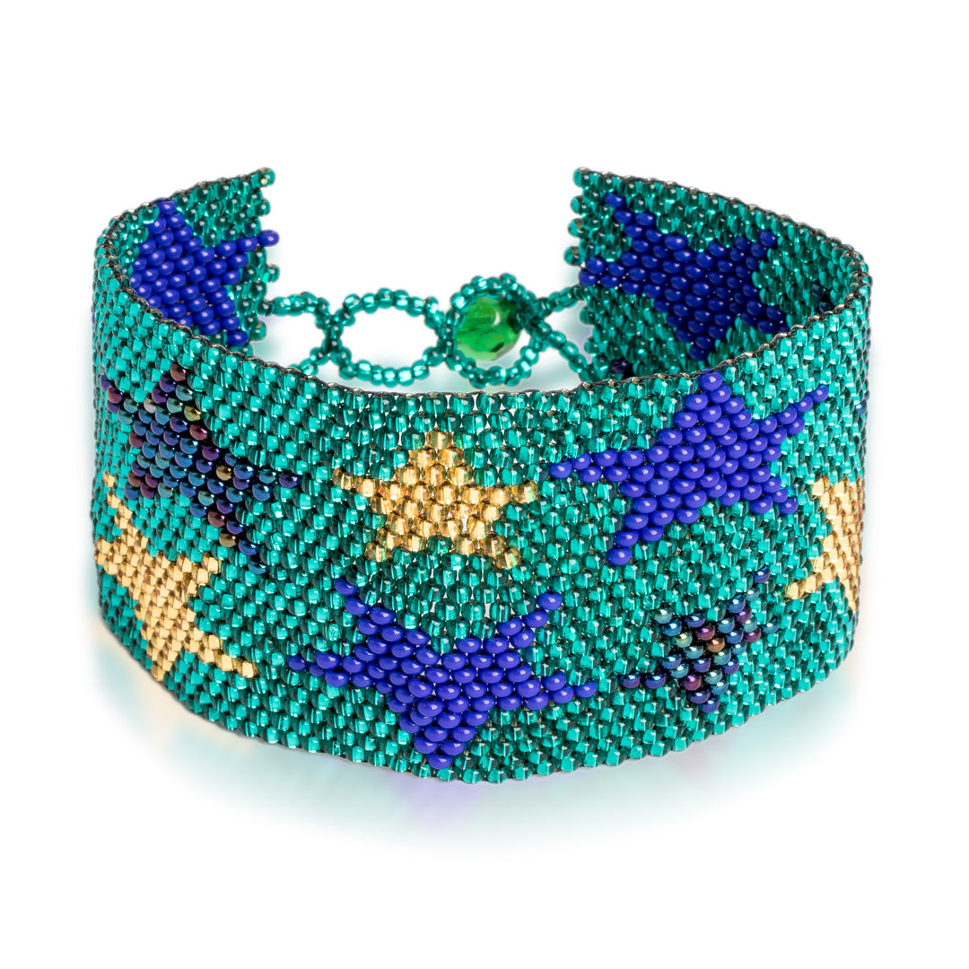 Teal Star Motif Beaded Wristband Bracelet - Constellation in Teal