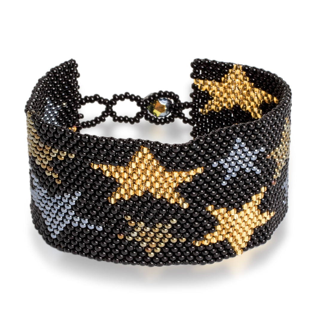 Black Star Motif Beaded Bracelet from Guatemala - Constellation in Ebony
