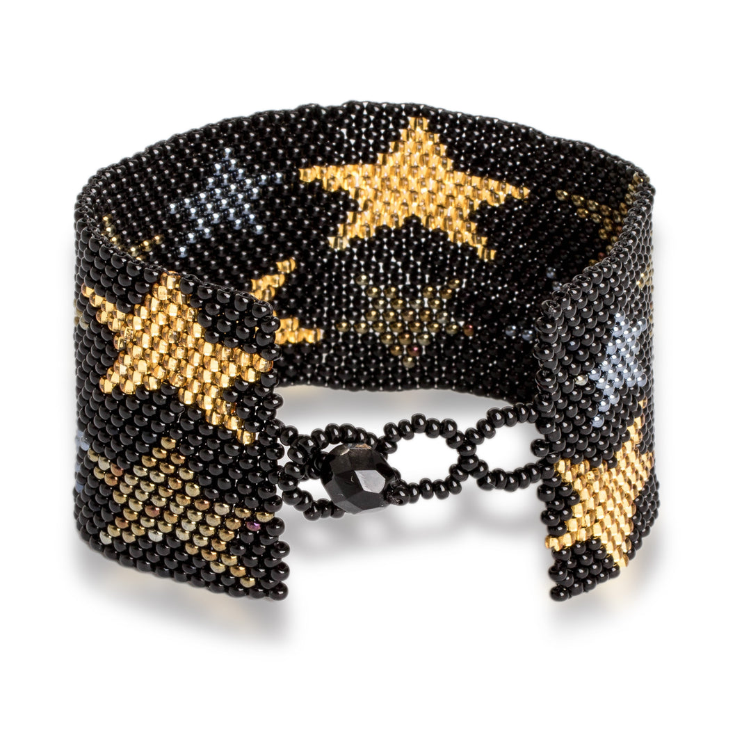 Black Star Motif Beaded Bracelet from Guatemala - Constellation in Ebony