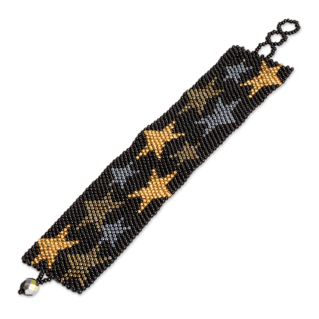 Black Star Motif Beaded Bracelet from Guatemala - Constellation in Ebony