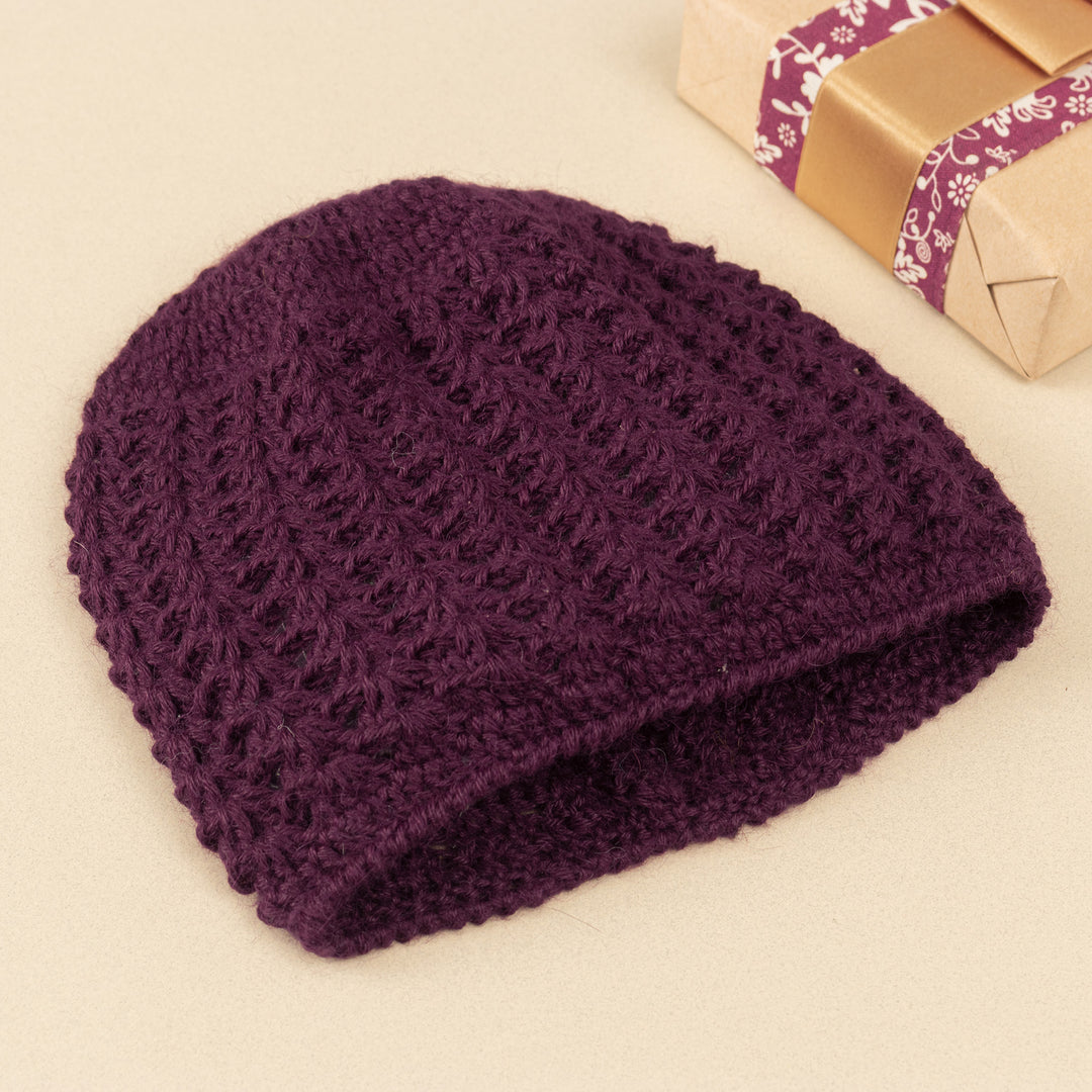 Hand Crocheted Deep Purple Alpaca Hat - Deep Purple Stars Align