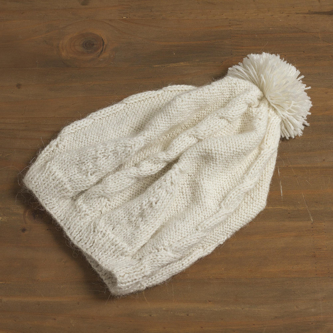White Cable Knit 100% Alpaca Hat - Warm Cables in White