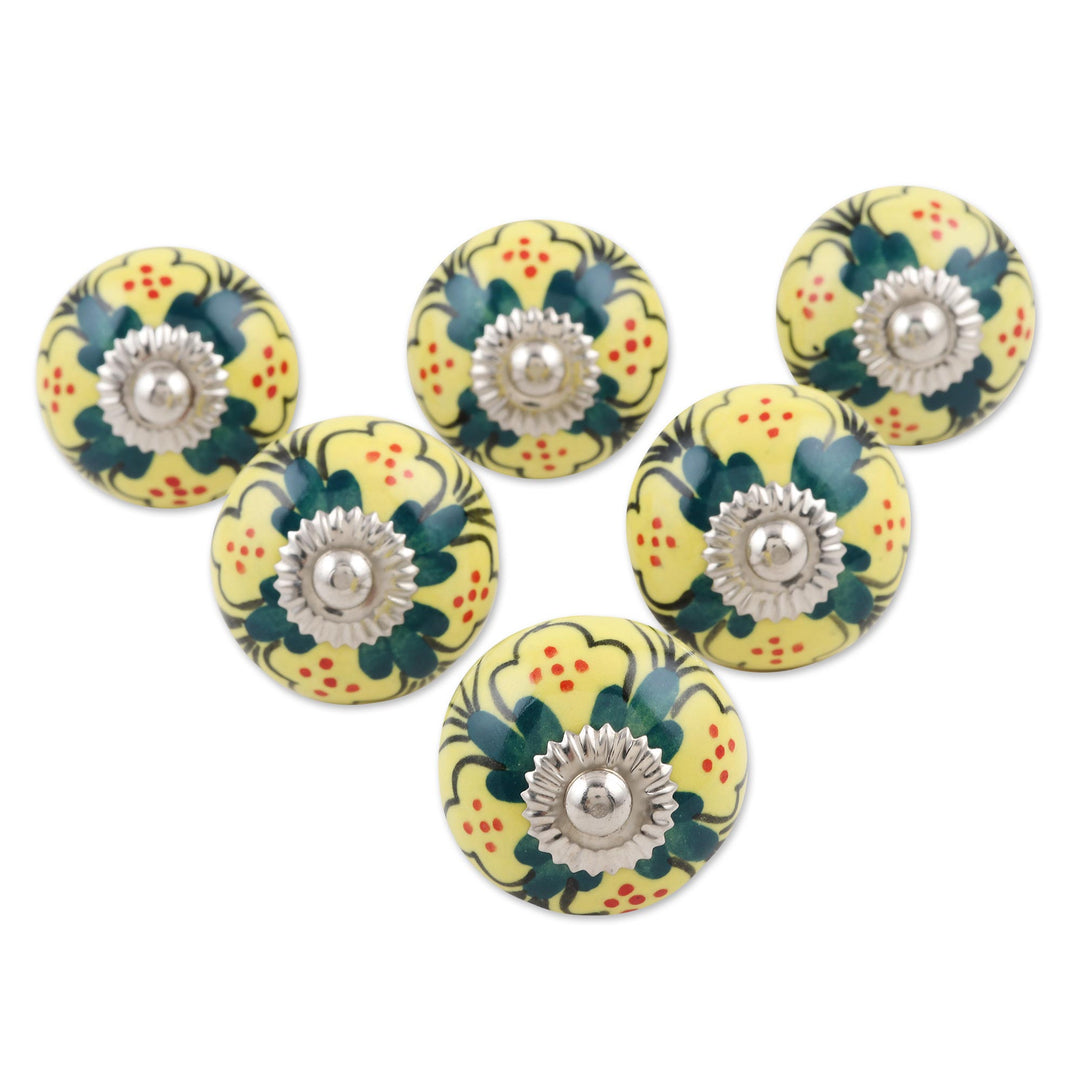 Hand Painted Ceramic Floral Knobs from India (Set of 6) - Yellow Flowers