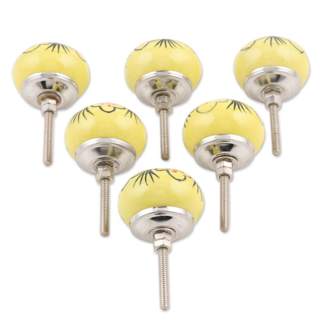 Hand Painted Ceramic Floral Knobs from India (Set of 6) - Yellow Flowers