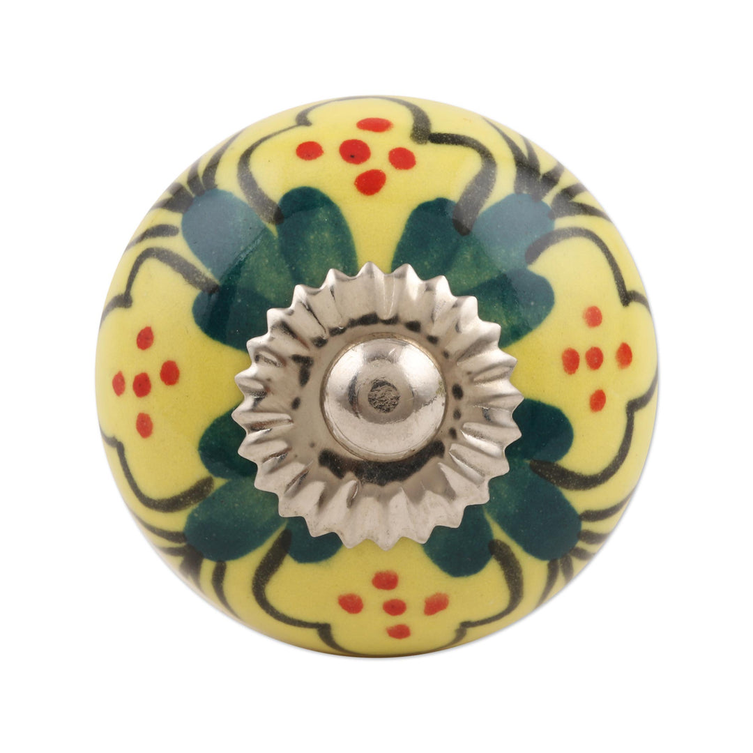 Hand Painted Ceramic Floral Knobs from India (Set of 6) - Yellow Flowers