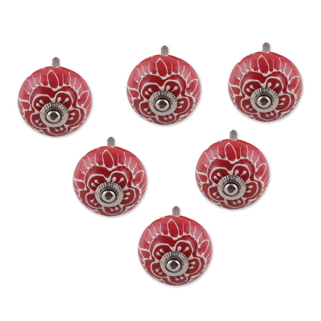 Red Ceramic Floral Knobs from India (Set of 6) - Red Flowers