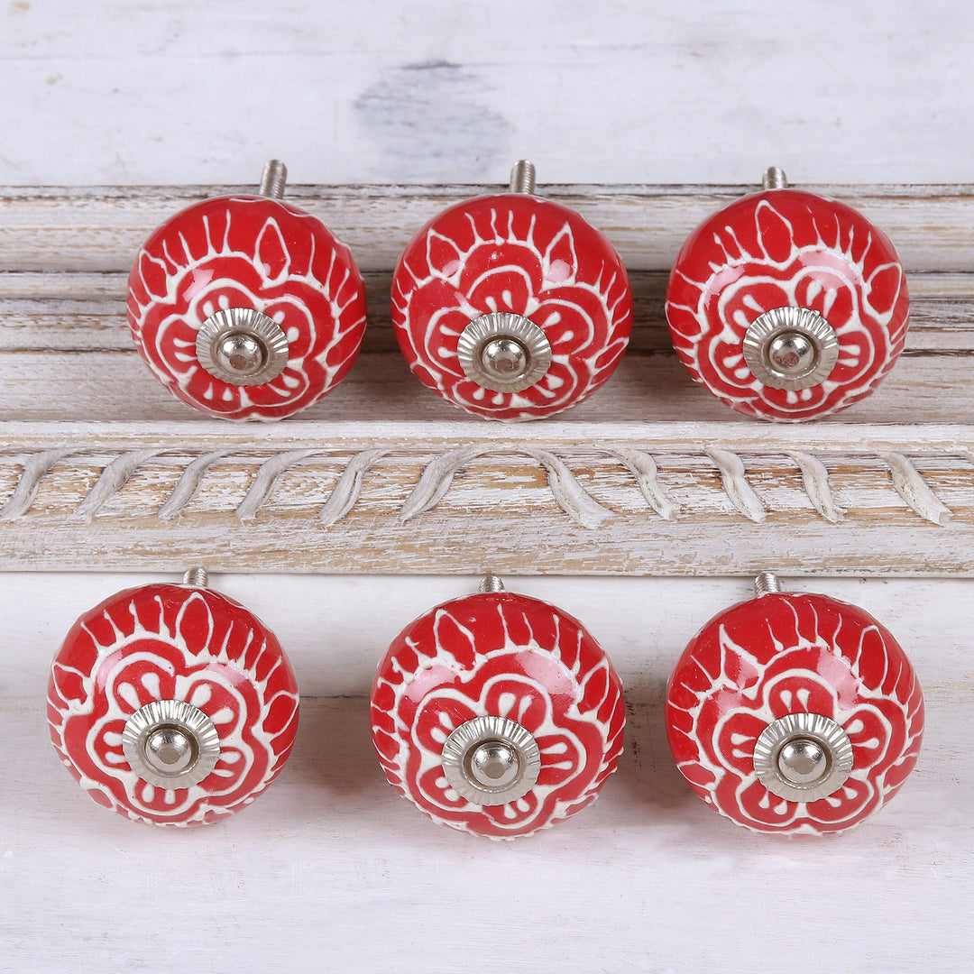 Red Ceramic Floral Knobs from India (Set of 6) - Red Flowers
