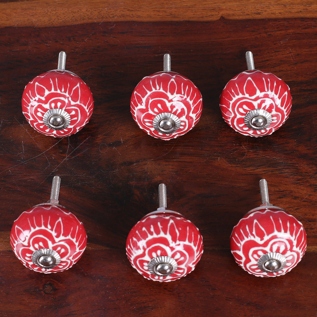 Red Ceramic Floral Knobs from India (Set of 6) - Red Flowers