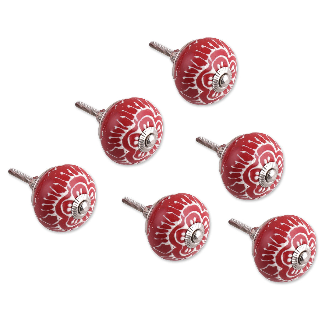 Red Ceramic Floral Knobs from India (Set of 6) - Red Flowers