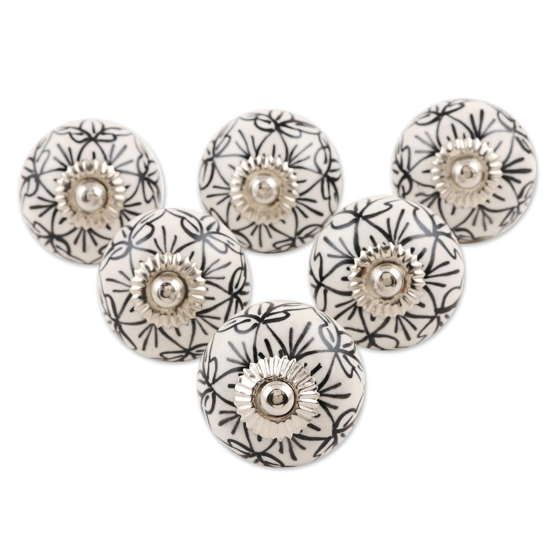 Black and White Ceramic Floral Knobs from India (Set of 6) - White Flowers