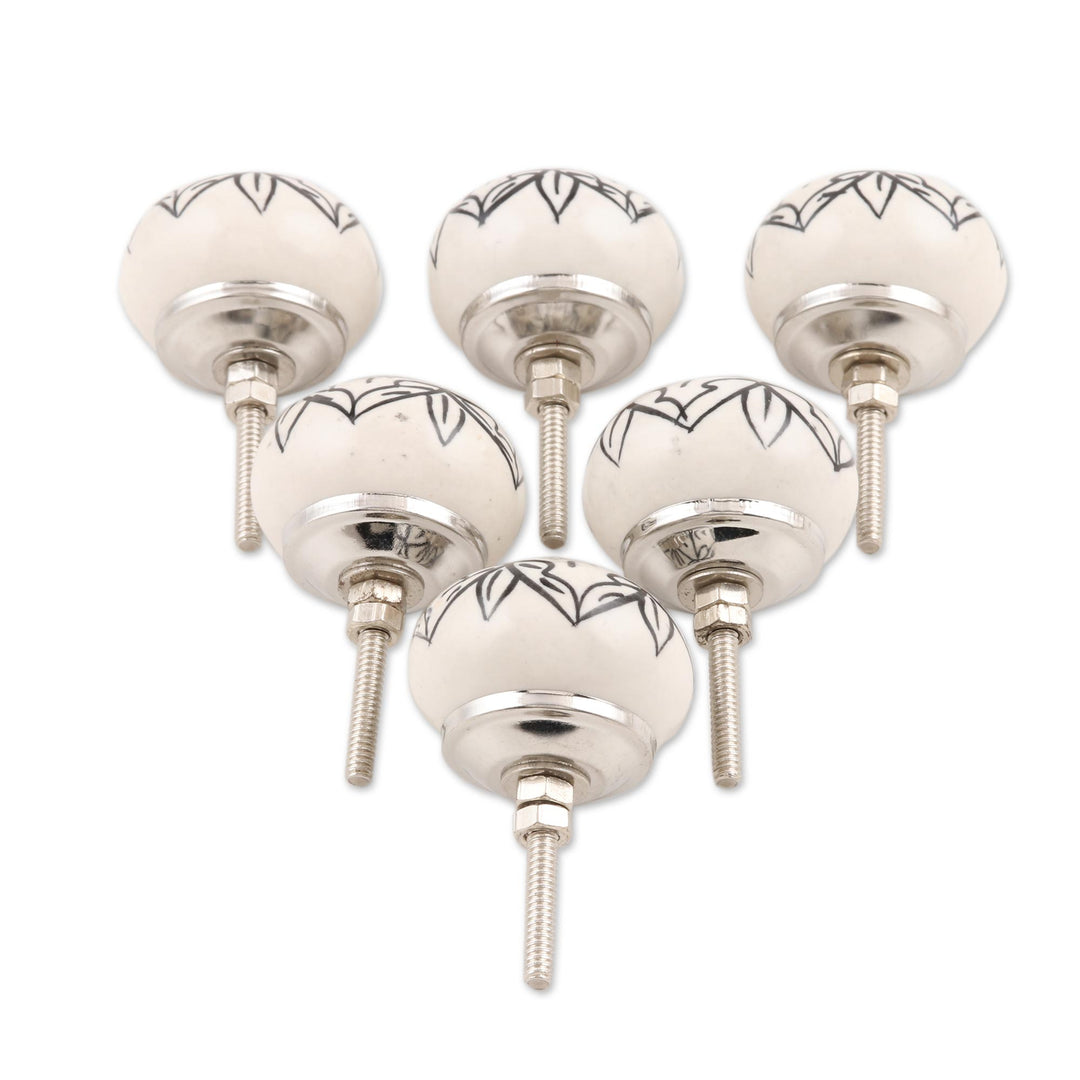 Black and White Ceramic Floral Knobs from India (Set of 6) - White Flowers