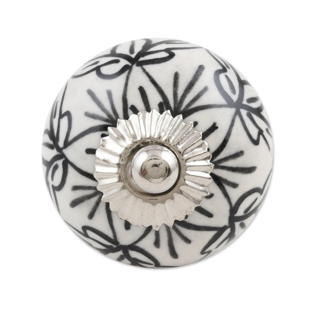 Black and White Ceramic Floral Knobs from India (Set of 6) - White Flowers