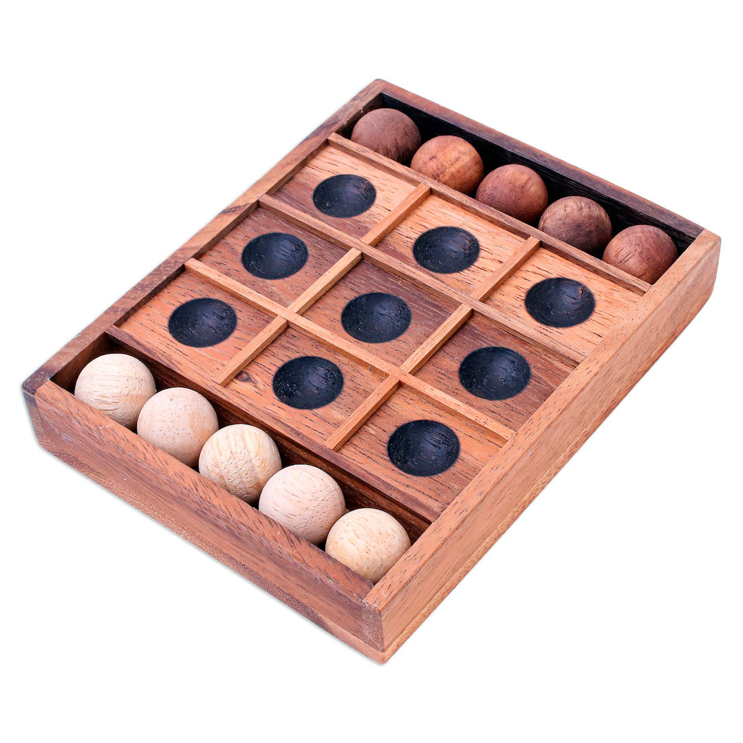 Hand Carved Raintree Wood Tic-Tac-Toe Board Game - Lucky Strike