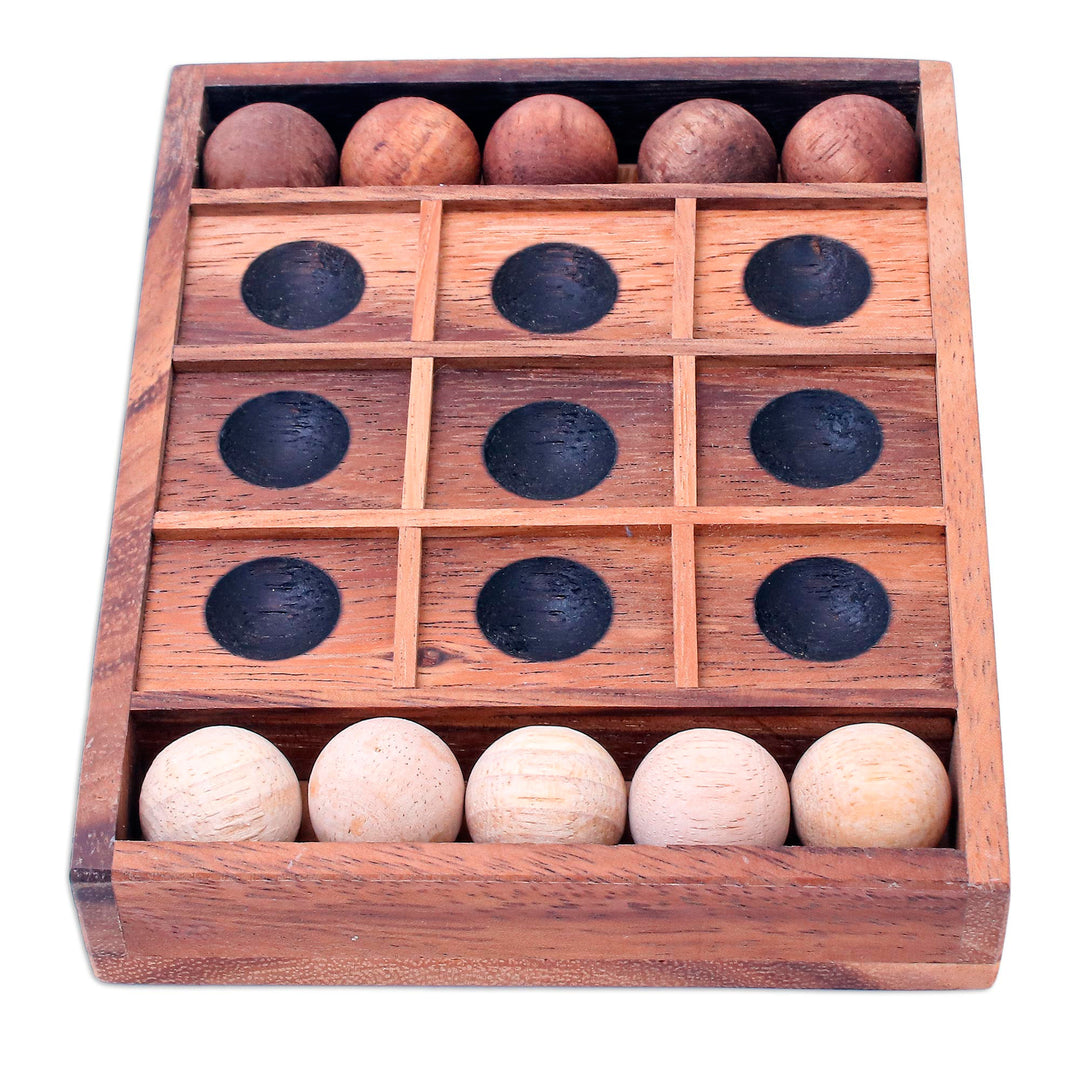 Hand Carved Raintree Wood Tic-Tac-Toe Board Game - Lucky Strike