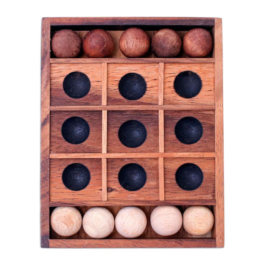 Hand Carved Raintree Wood Tic-Tac-Toe Board Game - Lucky Strike