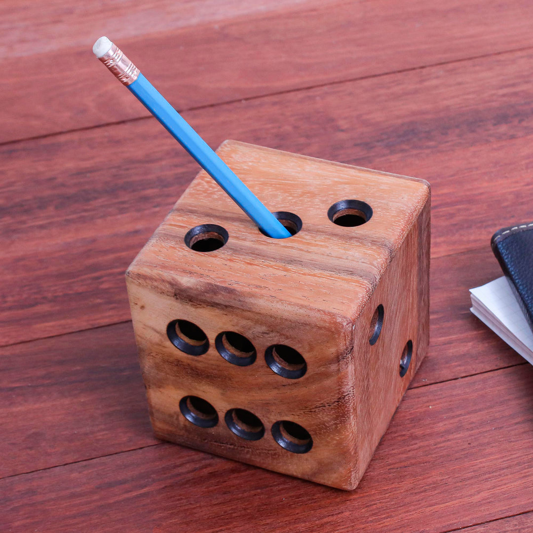 Hand Carved Raintree Wood Pen Holder from Thailand - Creative Die