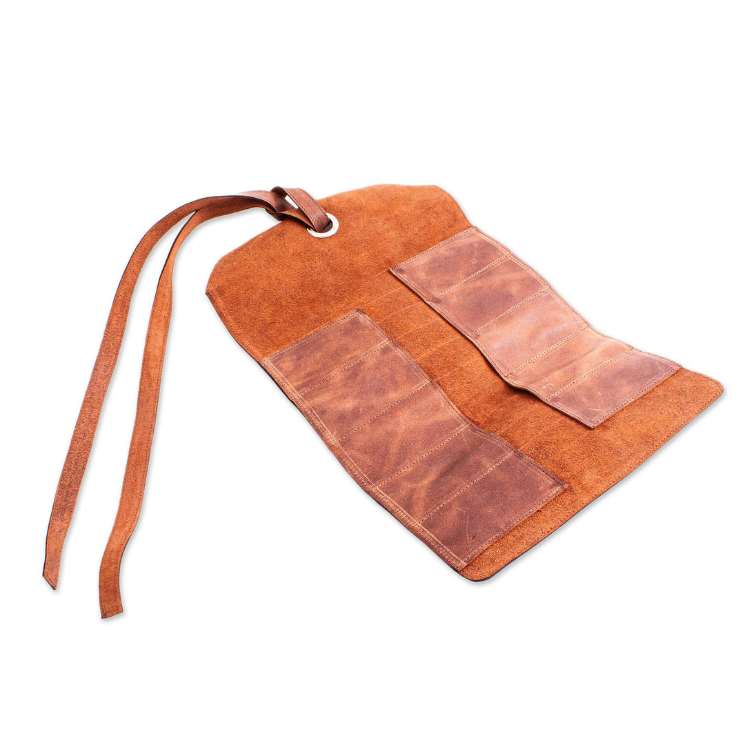 Artisan Crafted Tobacco Brown Leather Small Tool Roll Bag - Ready for the Job
